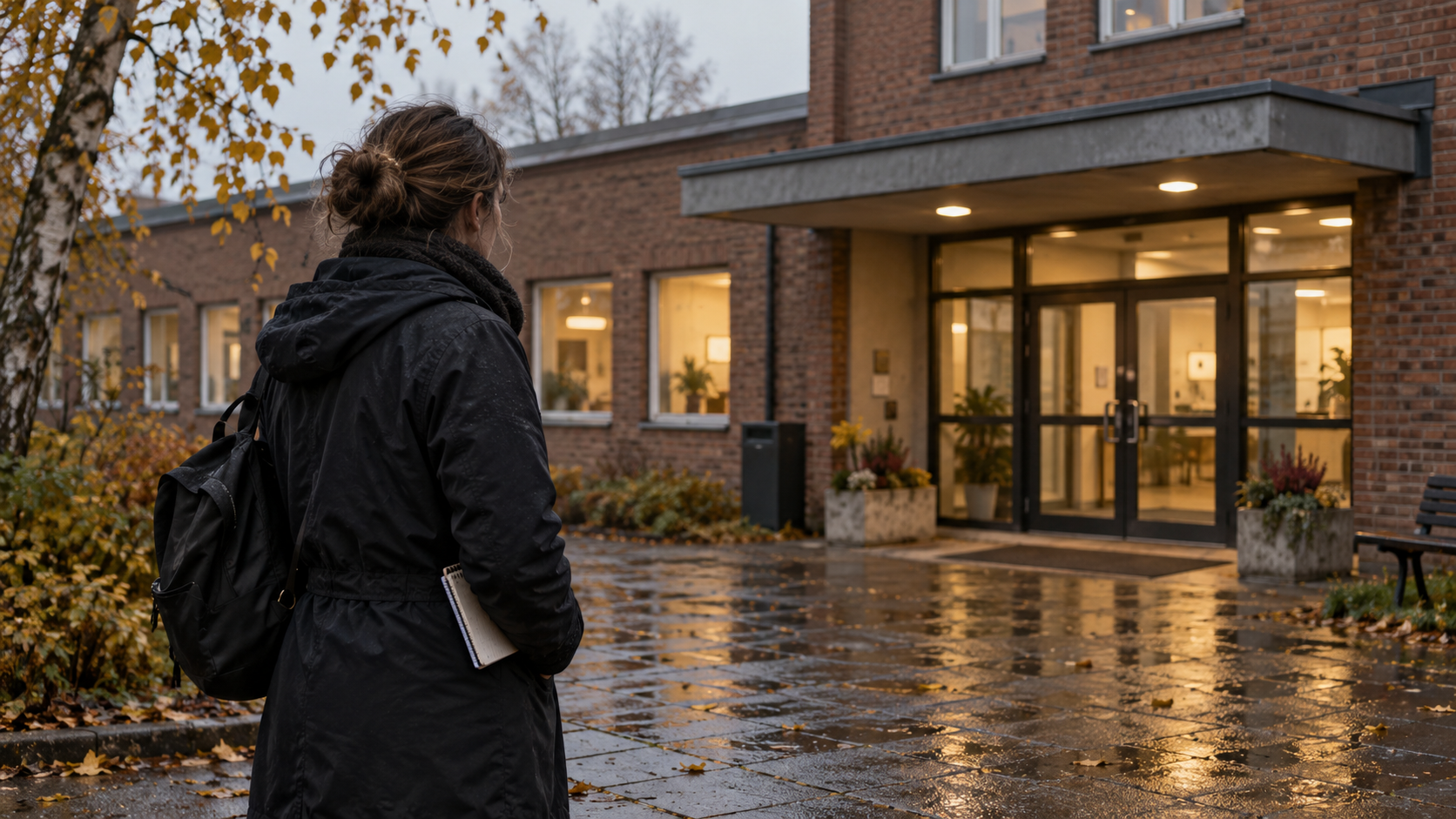 AI-genererad illustration av en fiktiv reporter med anteckningsbok utanför en kommunal byggnad på hösten.