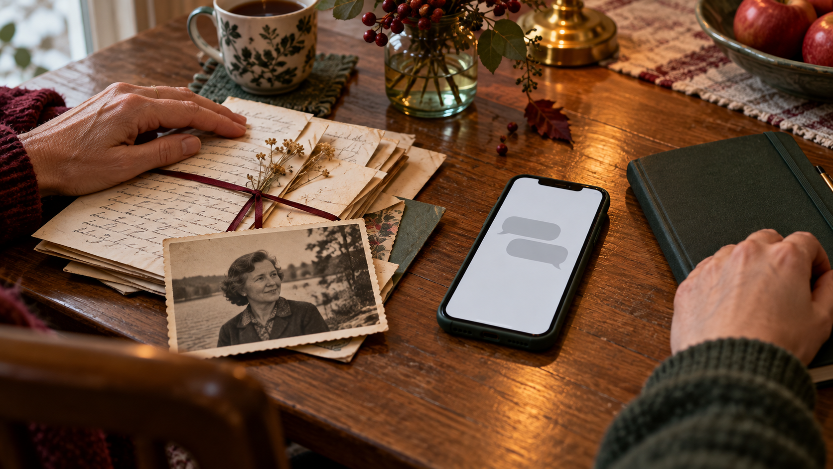 AI-genererad illustration av sparade brev och ett familjefotografi bredvid en telefon med tomma chattbubblor.