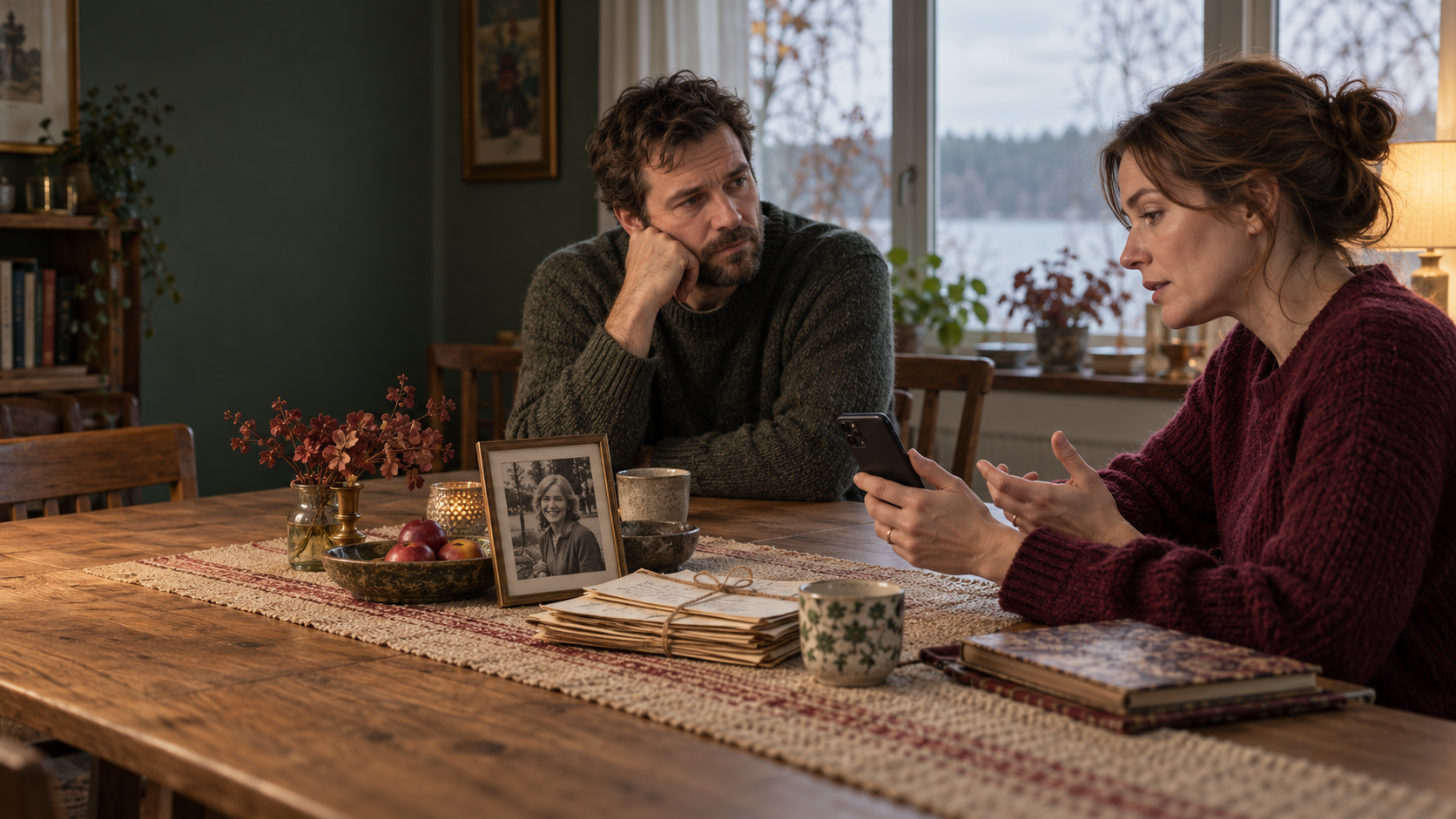 AI-genererad illustration av två vuxna syskon som samtalar vid ett köksbord med brev, ett familjefotografi och en telefon. Personerna är fiktiva.