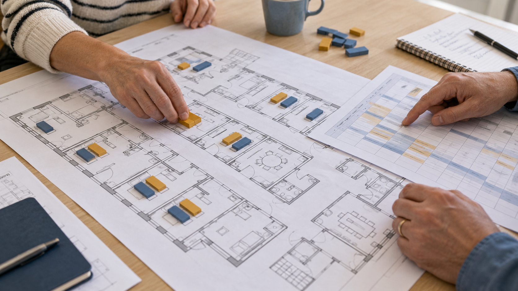 Händer flyttar markörer på en schematisk avdelningsplan vid planering av vårdplatser och personal. AI-genererad illustration.
